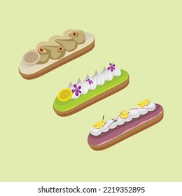 Caramel pistachio and lemon blueberry eclairs vector illustration for menu. flat illustration bakery