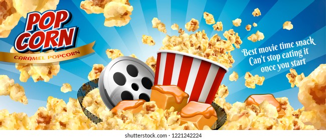 Caramel popcorn banner ads with flying corns and cinema items in 3d illustration