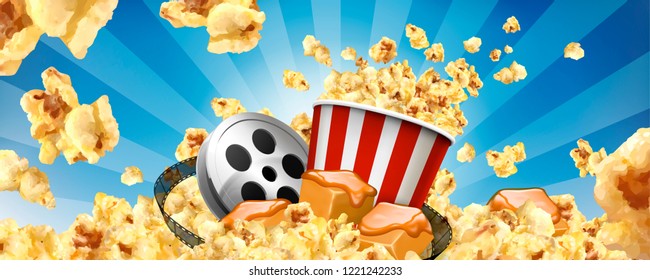 Caramel popcorn banner ads with flying corns and cinema items in 3d illustration