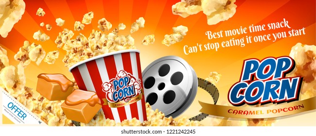 Caramel popcorn banner ads with flying corns in 3d illustration