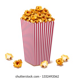 Caramel popcorn in classic striped container, 3d illustration design