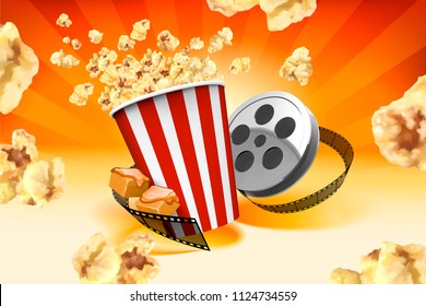 Caramel popcorn with film roll elements and corns flying in the air in 3d illustration, striped orange background