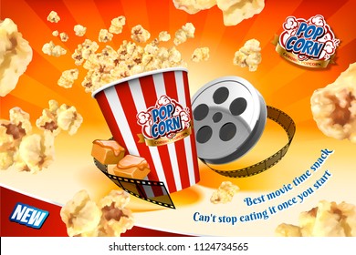 Caramel popcorn with film roll elements and corns flying in the air in 3d illustration, striped orange background