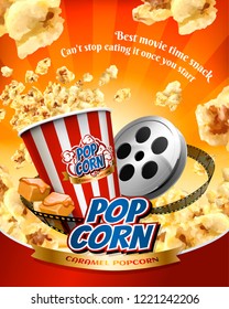 Caramel Popcorn Poster With Flying Corns And Cinema Items In 3d Illustration