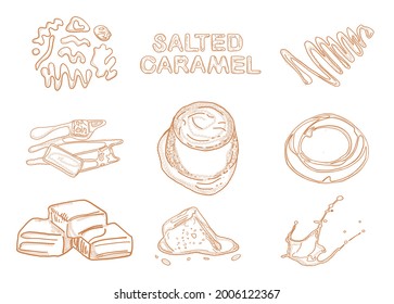 Caramel products. Top view frame. Hand drawn illustration. Pieces of caramel design template. Engraved design. Great for package design. Vector illustration. 