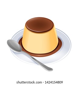 caramel pudding on white dish and spoon illustration