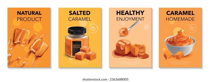 Caramel realistic ad posters set representing natural healthy homemade product isolated vector illustration