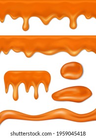 Caramel realistic. Candy sweets liquid food sauces caramel drops and splashes. Orange or brown paint stains. Caramel drops vectorized image.