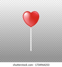 Caramel red lollipop in shape of heart on stick template, realistic vector illustration isolated on transparent background. Sweet childrens candy mockup for packaging.