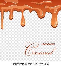 Caramel sauce. 3D flowing caramel liquid isolated white transparent background. Cream sweet pouring design. Drop flow toffee. Tasty candy dessert. Splash melting dripping sugar Vector illustration