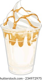 Caramel sauce, blended with milk and ice, topped with whipped cream and caramel drizzle.