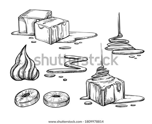 Caramel sauce and candy\
set. Isolated flat hand drawn sweet dessert food collection. Toffee\
cube sketches. Pouring liquid sugar caramel sauce cream vector\
illustration