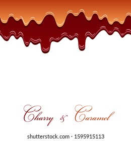 Caramel sauce and cherry jam seamless pattern. 3d caramel drop liquid isolated white background. Splash flow syrup. Sweet cream design. Realistic melt candy. Tasty drip dessert Vector illustration