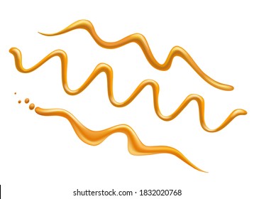 Caramel sauce decor. Realistic brown sugar syrup twirls, vector gold melt caramelized pouring isolated on white background