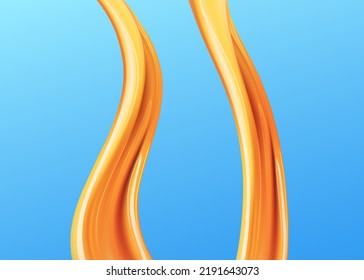 Caramel sauce decor. Realistic brown sugar syrup twirls, vector gold melt caramelized pouring isolated on blue background