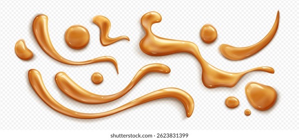 Caramel sauce dribbles and syrup splashes on transparent background. Liquid brown toffee flow trails, gooey candy stream blobs. Smooth flowing golden maple glaze drops, sweet honey topping elements