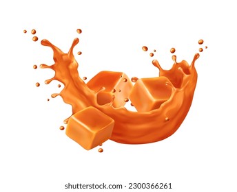 Caramel sauce flow swirl splash with toffee candy in cream or syrup wave, realistic vector. Caramel fudge or toffee syrup melt in crown splash with droplets splatter flow in orange candy wave