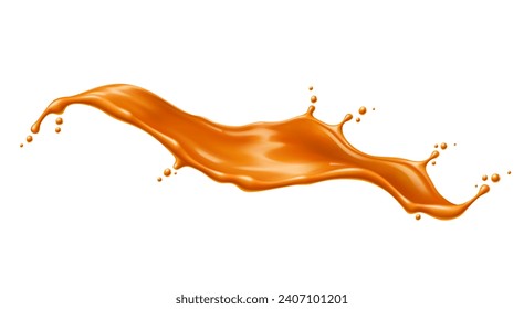 Caramel sauce flow wave splash. Vector 3d splash of milk cream toffee candy with drops and ripples. Realistic liquid brown syrup of melted sugar, butter and cream, dessert food or confectionery