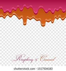 Caramel sauce, raspberry jam seamless pattern. 3d caramel drop liquid isolated white transparent background. Splash flow border. Sweet design. Realistic candy food. Drip dessert Vector illustration
