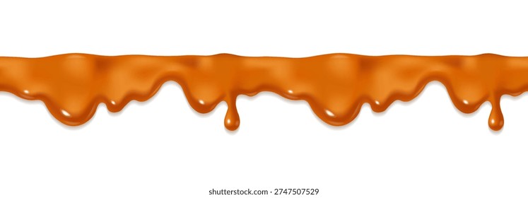 Caramel sauce realistic vector drip. Melting toffee drop, seamless texture. Liquid maple syrup border