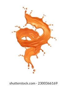 Caramel sauce swirl splash, vector toffee candy sweet dessert food. Realistic flow of liquid caramel, milk and sugar syrup or melted fudge with smooth drops, waves and ripples, milk candy dessert