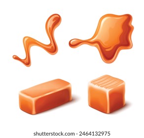 Caramel sauce swirl and toffee candy flow vector. Liquid fudge cream icon isolated. 3d realistic peanut pouring stain. Abstract glossy toffy puddle set. Melt brown sugar wave addiction cartoon