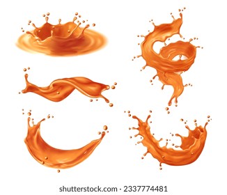 Caramel sauce syrup splashes, swirls and waves with drops. Vector 3d melted toffee, milk candy, liquid chocolate or cream dessert wavy splashes. Flowing orange caramel, sweet toffee candy swirls