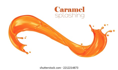 Caramel sauce, syrup swirl wave splash, candy cream or sweet toffee flow, realistic vector. Caramel or melt sugar splash with spill drops, liquid dessert or orange juice and honey flowing pour