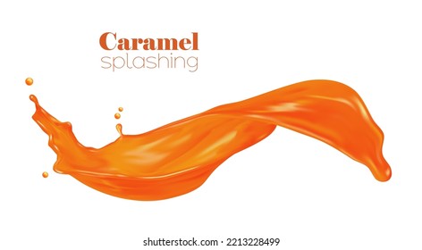 Caramel sauce, syrup wave splash with drops. Orange sauce stream 3d splash ripple or fizz, toffee cream falling fluid realistic vector drip frozen motion. Melted caramel liquid swirl droplet