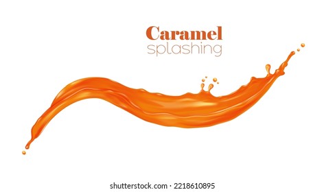 Salsa de caramelo, salpicaduras de jarabe. Giro de caramelos líquidos realistas 3d vectorial dulce, salpicado con gotitas. Corriente de toallita de fundición marrón aislada con movimiento dinámico de salpicaduras