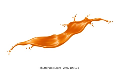 Caramel sauce, syrup wave splash. Isolated realistic 3d vector brown melt toffee stream with splatters. Sweet, golden, liquid candy swirl, splashing with droplets, dynamic motion for ads promo design