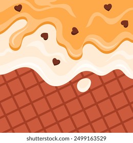 Caramel sauce and vanilla ice cream dripping down chocolate wafer background vector illustration