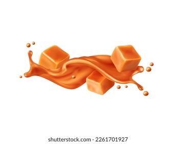 Caramel sauce wave flow splash with toffee. Realistic 3d vector sweet liquid swirl, cube candy pieces and splashing droplets. Isolated brown melt toffee stream with splatters dynamic motion for ads