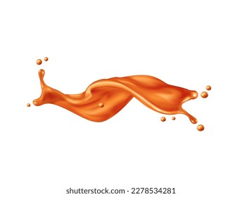 Caramel sauce wave flow splash, sweet candy cream or toffee syrup, realistic vector. Caramel fudge or sugar melt splash in long wave with droplets, liquid dessert or orange candy topping pour on white