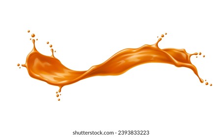 Caramel sauce wave splash or flow. Golden swirl with drops. Juice or toffee splatter. 3d vector drink, liquid sugar candy wavy splash with creamy texture. Isolated realistic motion with spray droplets