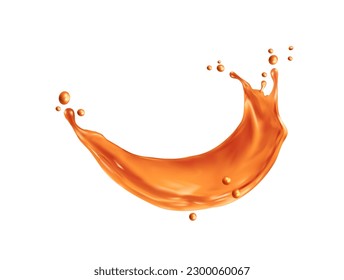 Caramel sauce wave splash, realistic liquid flow. Melted caramel, sugar dessert or toffee cream jet realistic vector splatters frozen motion. Orange sauce splay droplets or isolated splash fizz