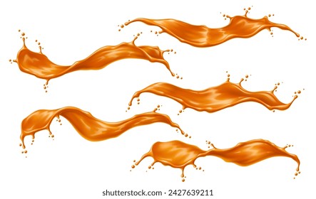 Caramel sauce wave, syrup swirl splash or flow with drops. Orange sauce, melted caramel or syrup wave isolated 3d vector droplets. Honey whirl realistic ripples or falling splatters frozen motion