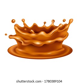 Caramel splash crown. Realistic 3d vector brown flow icon. Melted toffee design isolated on white background. Side view