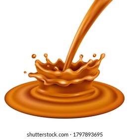 Caramel splash crown. Realistic 3d vector brown flow icon. Melted pouring toffee design isolated on white background. Side view