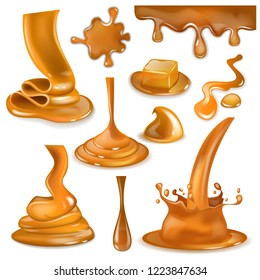 Caramel splash vector sweet flowing liquid sauce or pouring chocolate cream illustration set of caramelcandies and splashing creamy drops or droplet isolated on white background