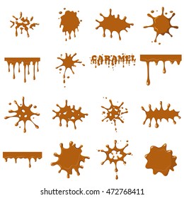 Karamellfleck einzeln auf weißem Hintergrund. Hellbrauner Karamelll-Leckage-Set, Vektorgrafik