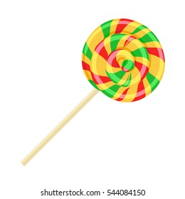 Caramel striped candy on stick isolated vector. Funny sweet cartoon lolly confectionery illustration in flat design. Bonbon sweetmeat sweet stuff lollipop. Delicious colorful spiral dessert