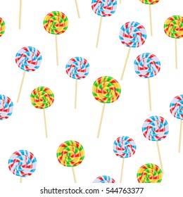 Caramel striped candy on sticks seamless pattern. Funny sweet cartoon lollies endless texture of confectionery in flat design. Bonbon lollipop wrapping paper with delicious colorful spiral dessert