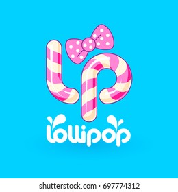 Caramel striped letters LP with a pink bow. Logo design Lollipop. Vector illustration.