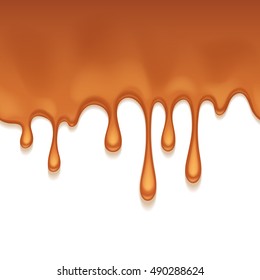 Caramel sweet drips flowing. Seamless horizontal background. Vector illustration.
