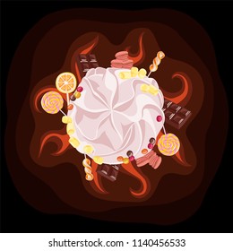 Caramel and sweets in cream. Glow orange. Black background