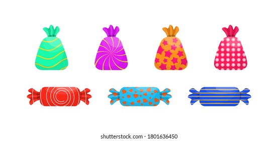 Caramel sweets poster for confectionery or candy shop. Set of single cartoon candies: lollipop, cane candy, bonbon, teddy bear marmalade, licorice. Assorted wrapped candies. Vector illustration.