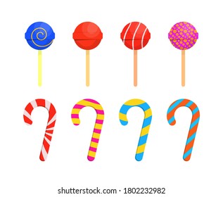 Caramel sweets poster for confectionery or candy shop. Set of single cartoon candies: lollipop, cane candy, bonbon, teddy bear marmalade, licorice. Assorted wrapped candies. Vector illustration.