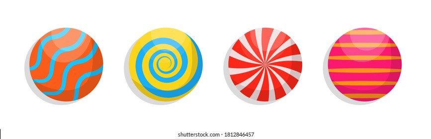 Caramel sweets poster for confectionery or candy shop. Set of single cartoon candies: lollipop, cane candy, bonbon, teddy bear marmalade, licorice. Assorted wrapped candies. Vector illustration.