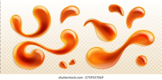 Caramel syrup drips set isolated on transparent background. Vector realistic illustration of sweet liquid toffee splash, peanut butter or maple sauce stains, 3d candy drops, honey topping for dessert